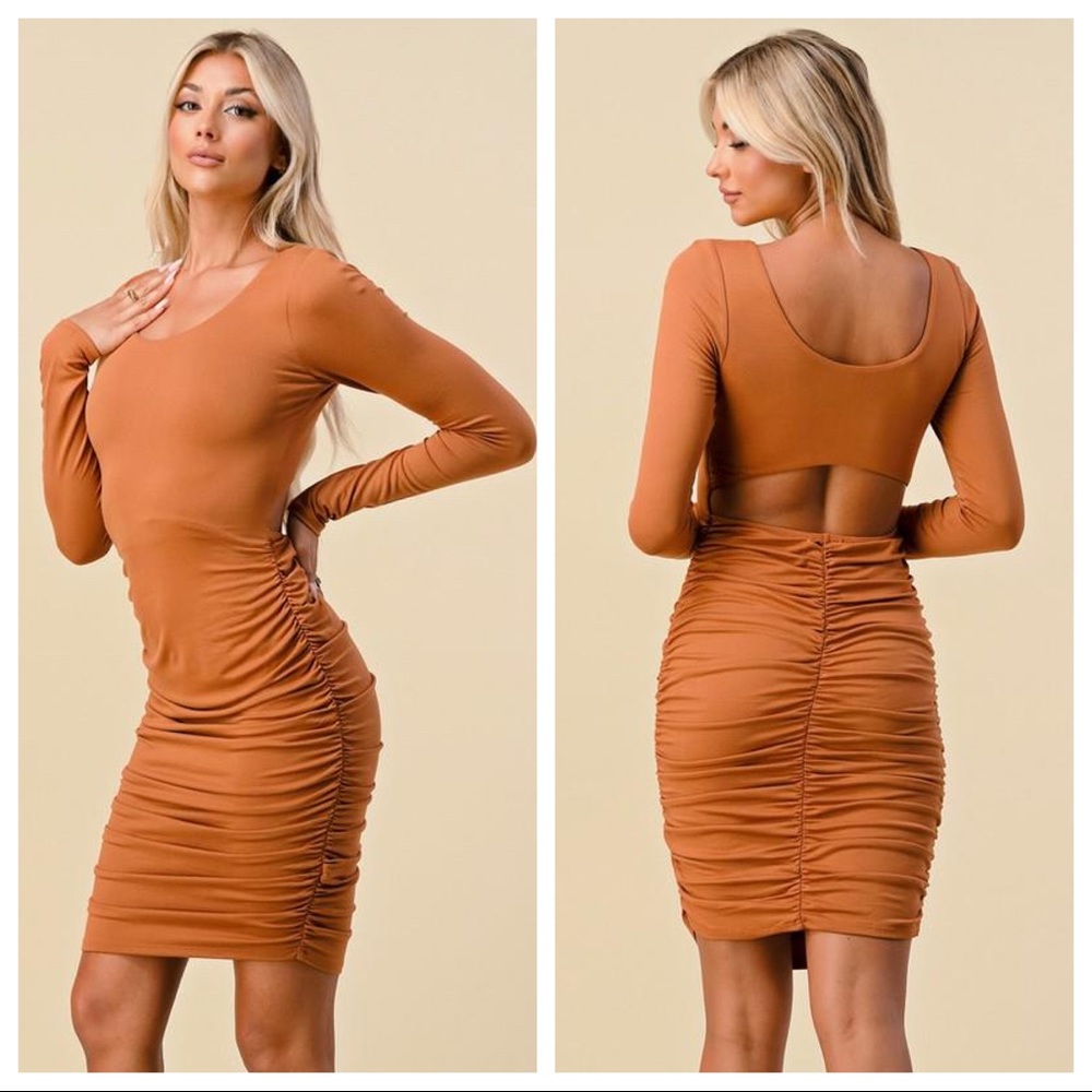Appealing Ruched Long Sleeve Dress-Camel